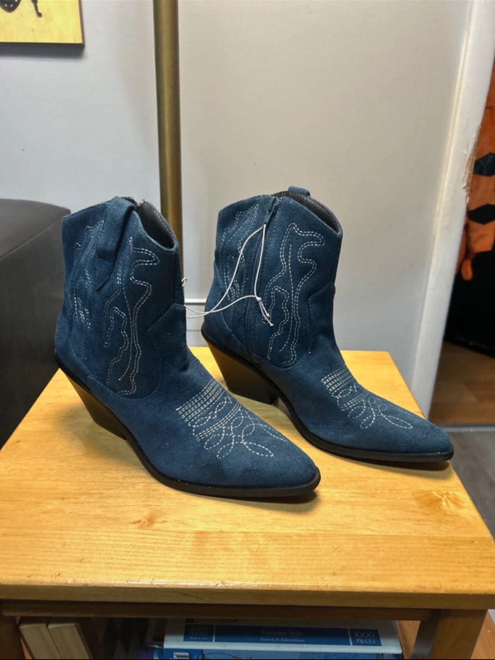 Blue Suede Western Ankle Boots